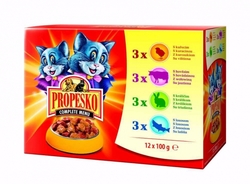 PROPESKO Cat hovězí, kuřecí, králičí a losos, kapsa 100 g (pack 12 ks)