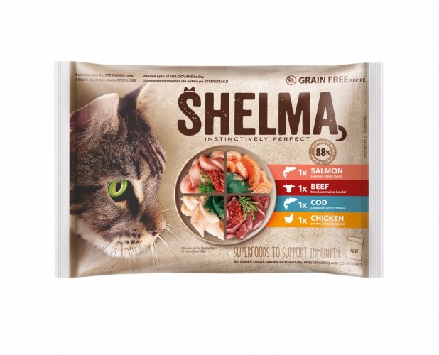 SHELMA Cat kuře, hovězí, losos a treska, kapsa 85 g (4 pack)