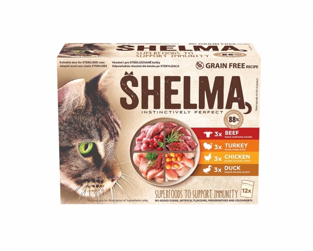 SHELMA Cat kuřecí, hovězí, losos a treska, kapsa 85 g (12 pack)