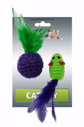 Myš a míček s peřím zeleno-fialová třpyt