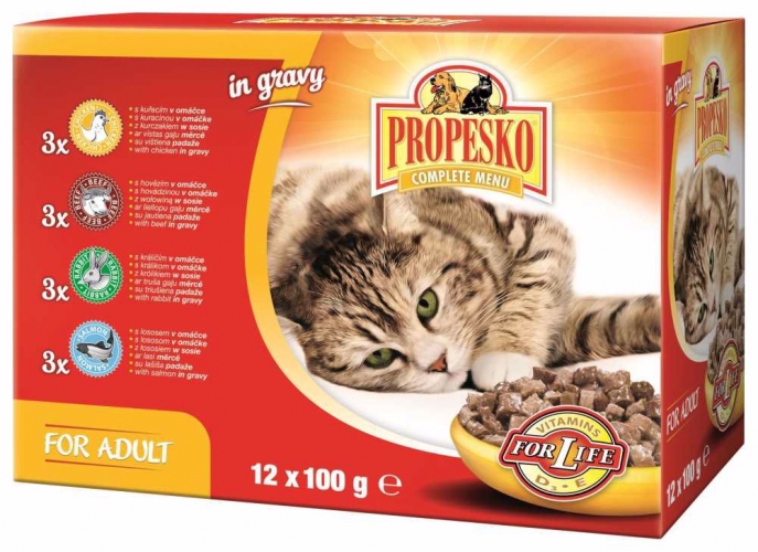 PROPESKO Cat hovězí, kuřecí, jehněčí a zvěřina, kapsa 100 g (12